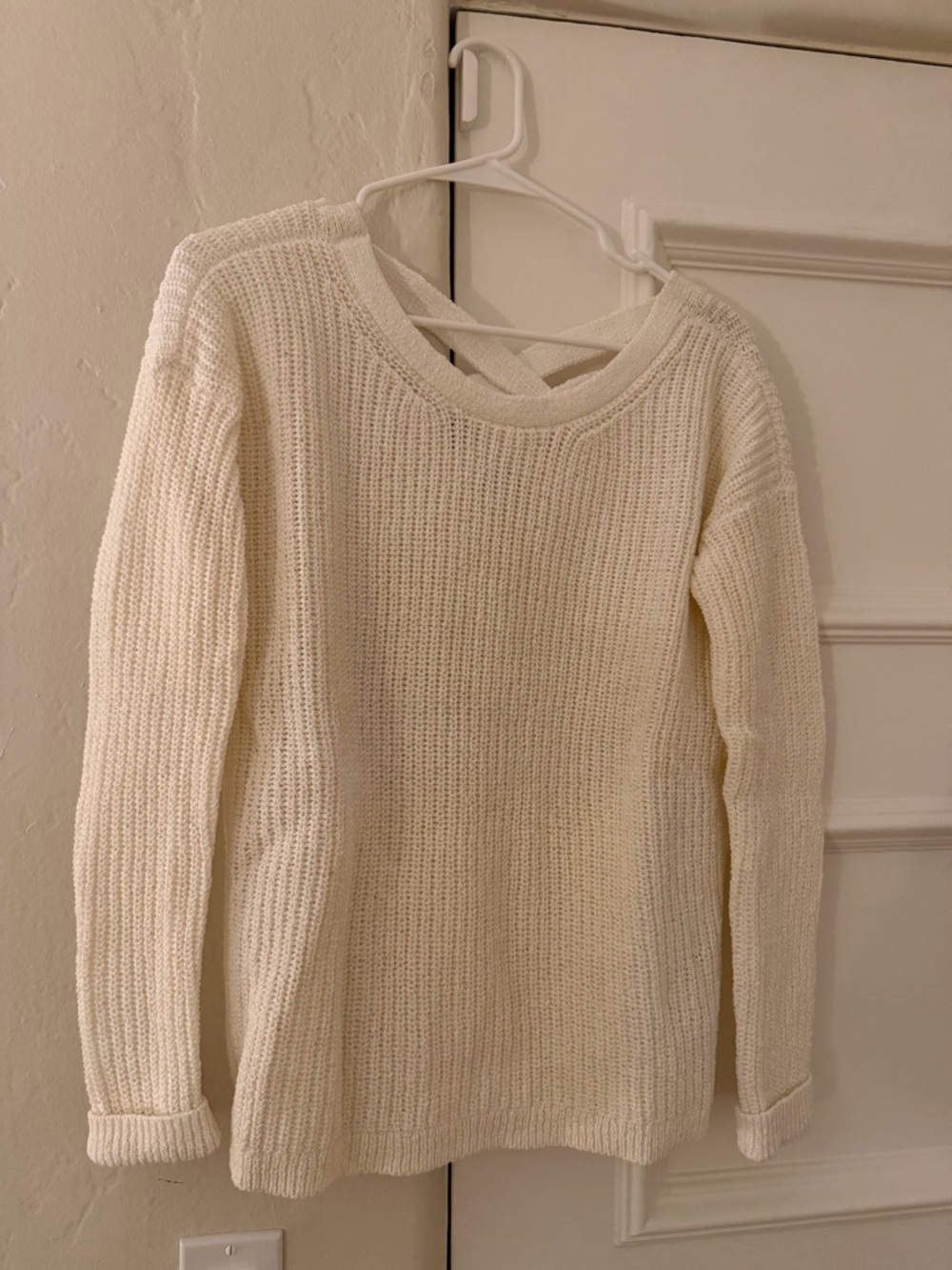 Abercrombie & Fitch Cream Knit Crew Sweater with Back Strap Detail
